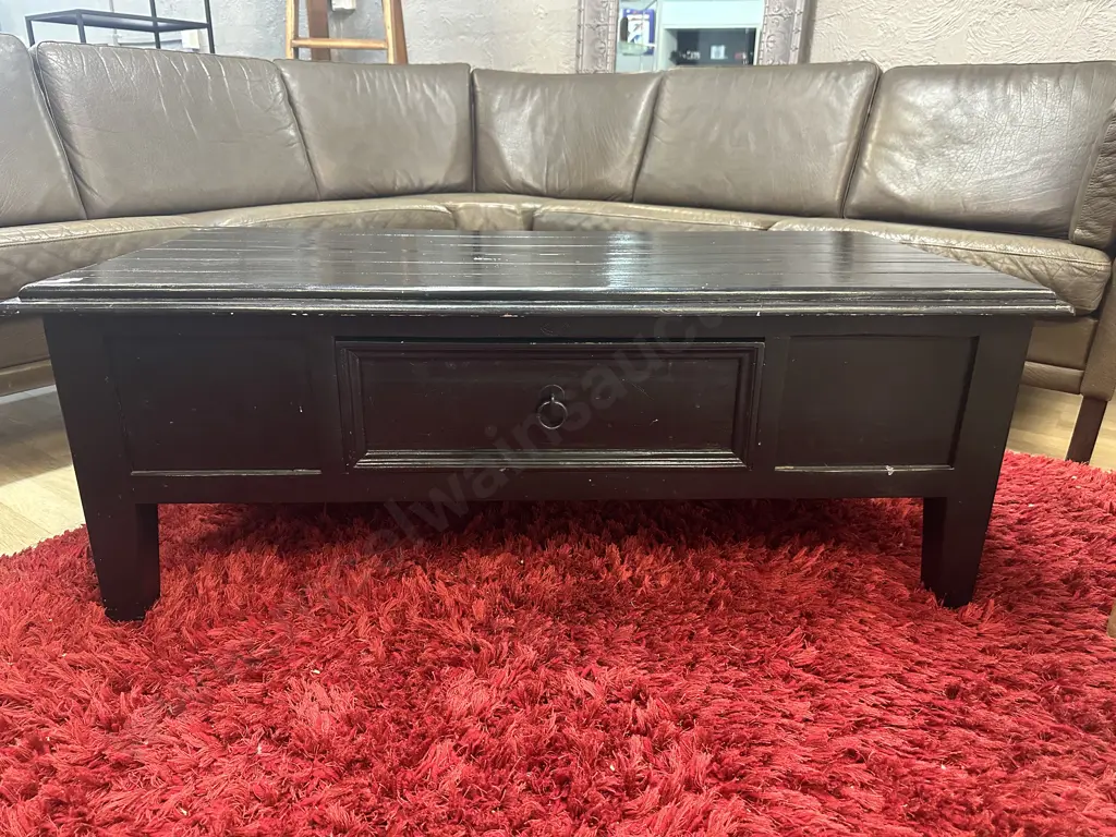 Black Painted Wooden Coffee Table, Single Drawer With Steel Ring Pull. H44 W120 D60cm Image 1++
