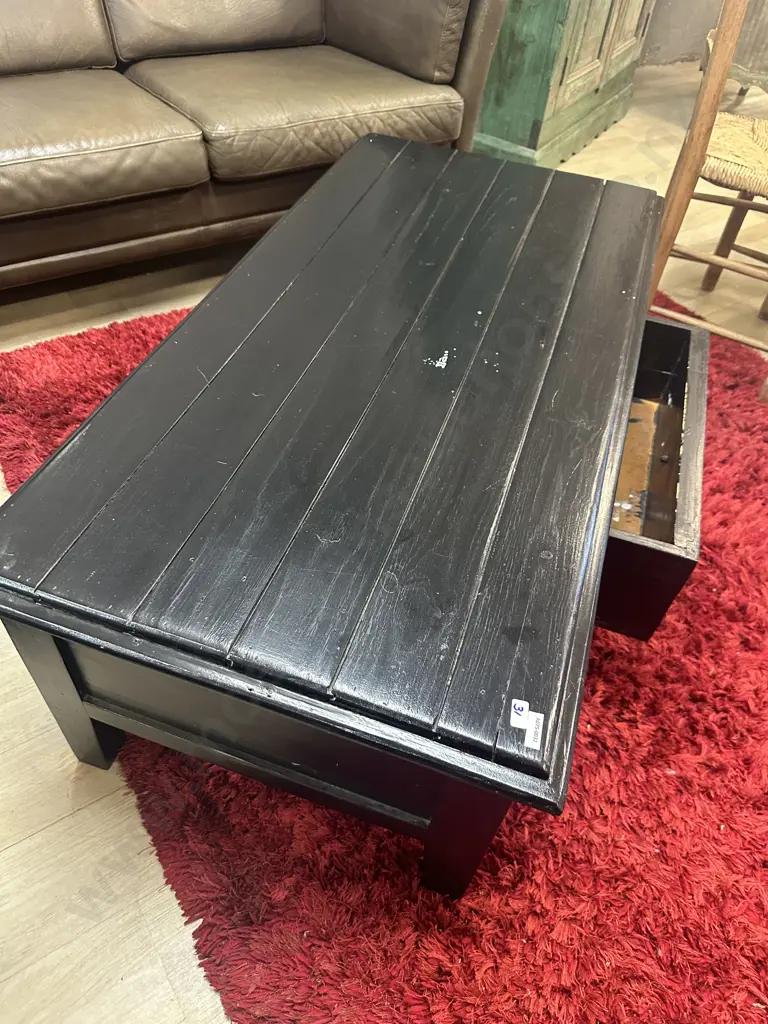 Black Painted Wooden Coffee Table, Single Drawer With Steel Ring Pull. H44 W120 D60cm Image 1++