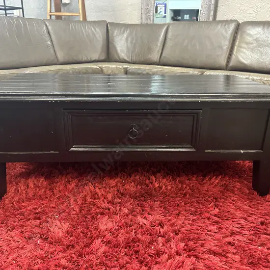 Black Painted Wooden Coffee Table, Single Drawer With Steel Ring Pull. H44 W120 D60cm