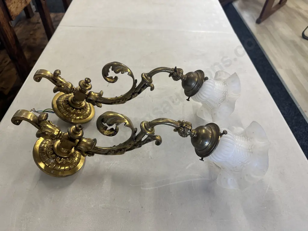 Pair Of French Brass Wall Lights With Frosted Glass Shades  Image 1++
