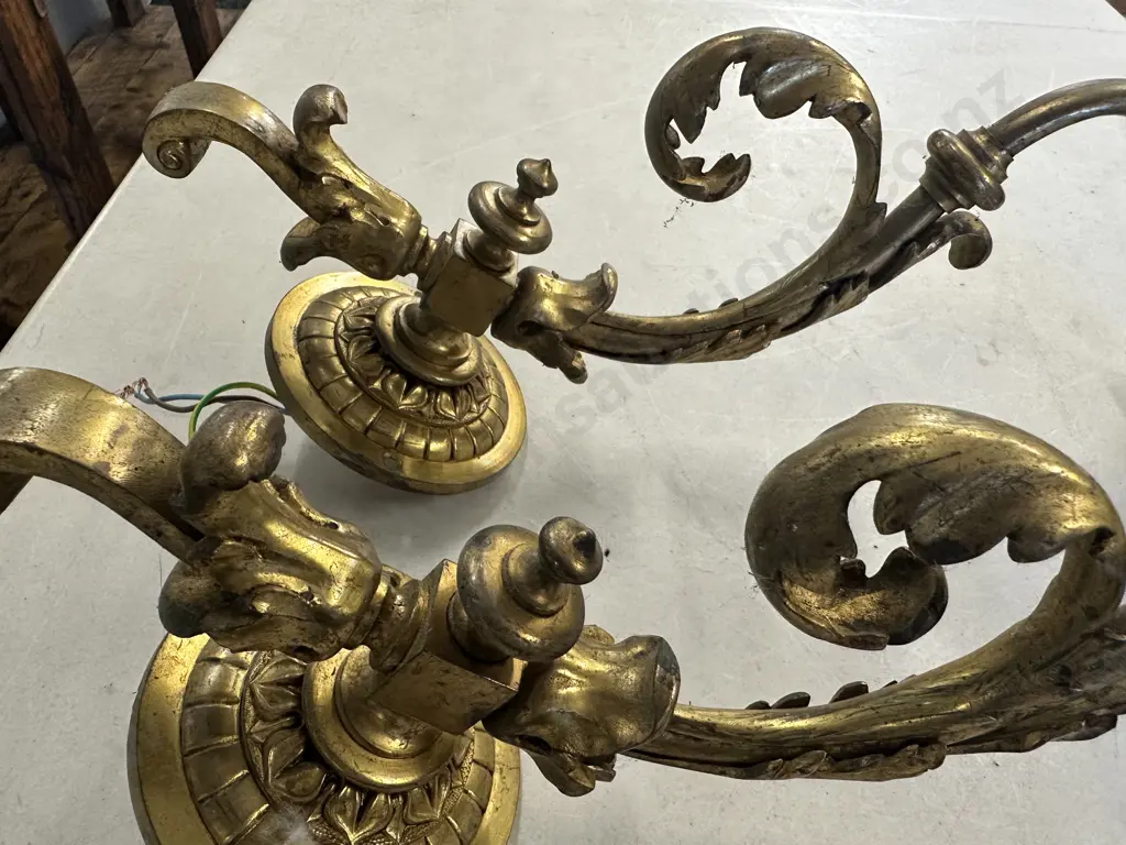 Pair Of French Brass Wall Lights With Frosted Glass Shades  Image 1++