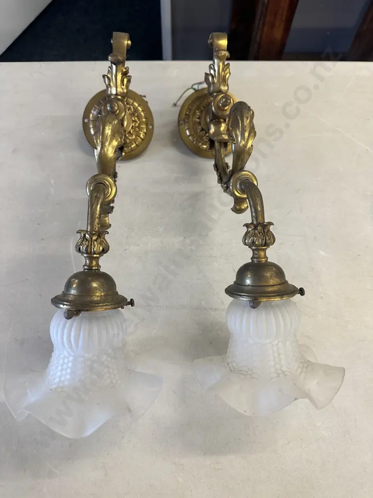 Pair Of French Brass Wall Lights With Frosted Glass Shades  Image 1++