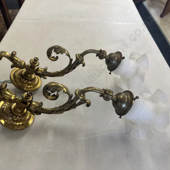 Pair Of French Brass Wall Lights With Frosted Glass Shades 