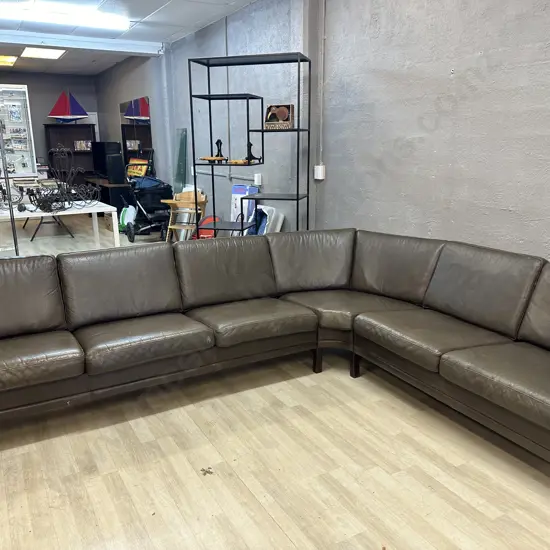 Mid Century Dark Green Leather Corner Sofa - 3 Piece. H80 L280 & 220cm From Corner