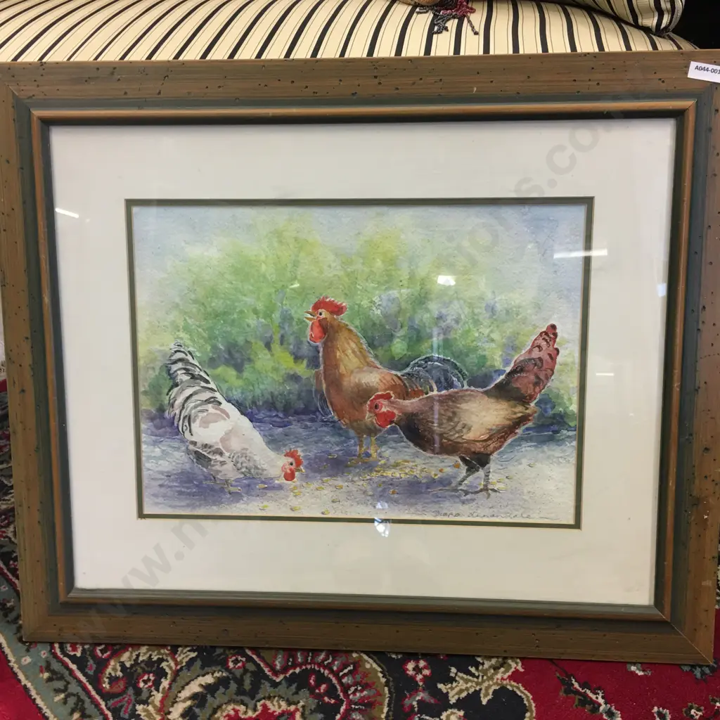 Diana Annandale Watercolour "Pecking Chooks". Signed 49 x 59cm Glazed Framed Image 1++