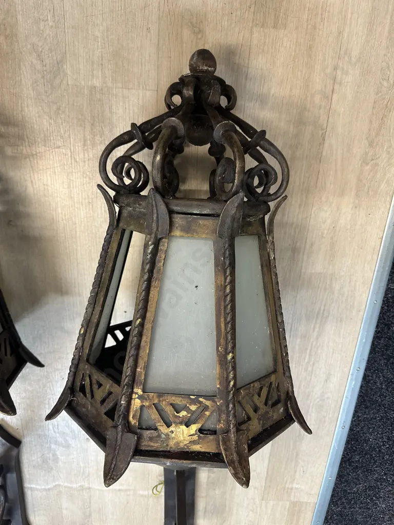 Pair of French Antique Heavy Bronze Exterior Wall Lights With Frosted Glass Panels c1890. H114cm. Image 1++