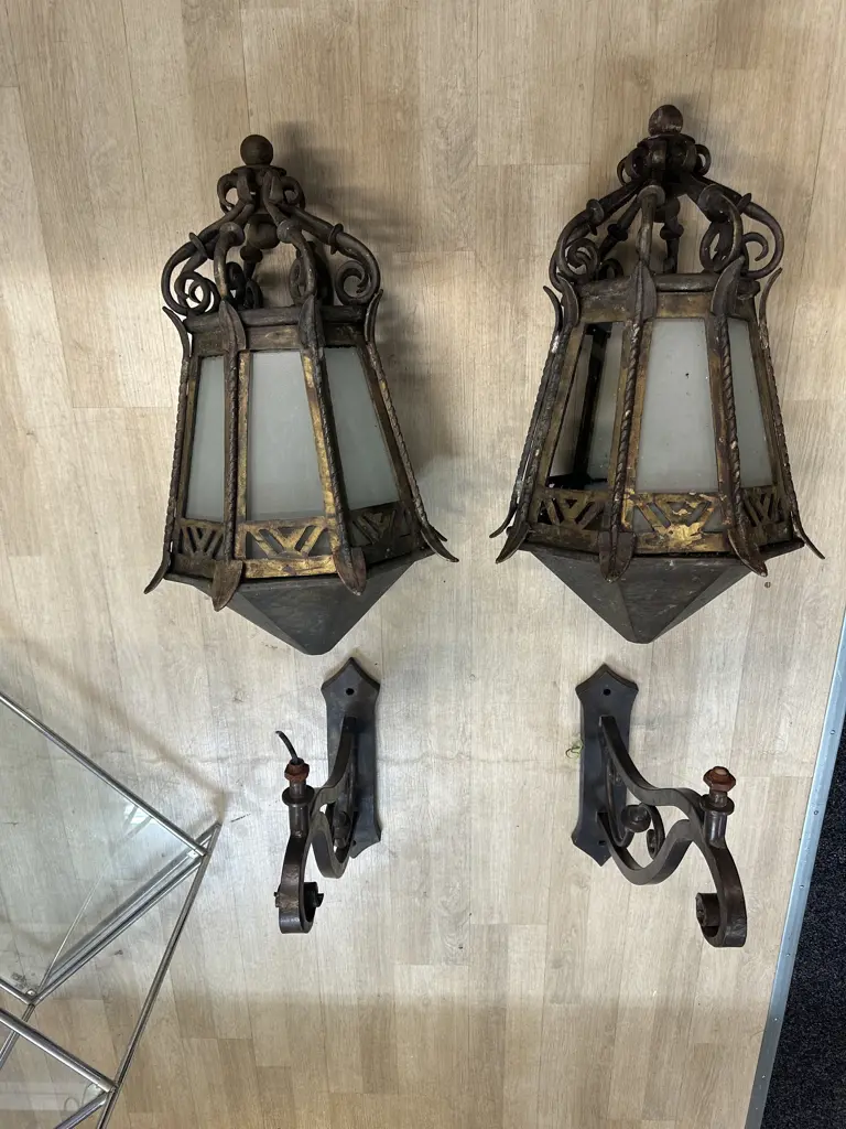 Pair of French Antique Heavy Bronze Exterior Wall Lights With Frosted Glass Panels c1890. H114cm. Image 1++