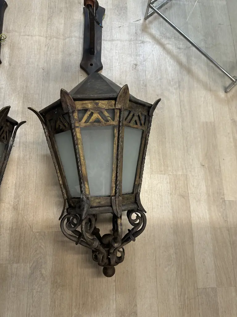 Pair of French Antique Heavy Bronze Exterior Wall Lights With Frosted Glass Panels c1890. H114cm. Image 1++