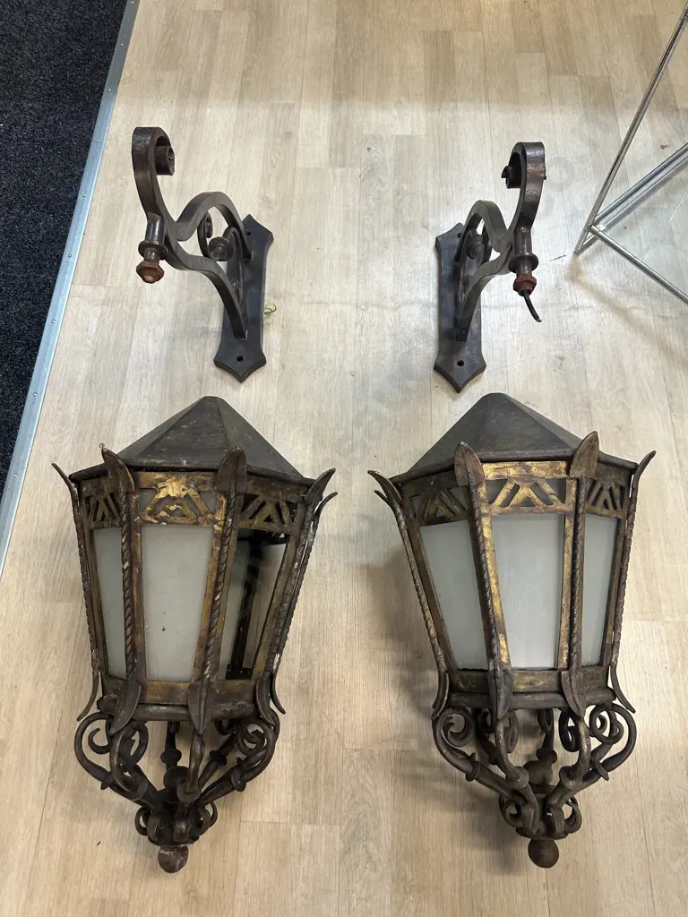 Pair of French Antique Heavy Bronze Exterior Wall Lights With Frosted Glass Panels c1890. H114cm. Image 1++