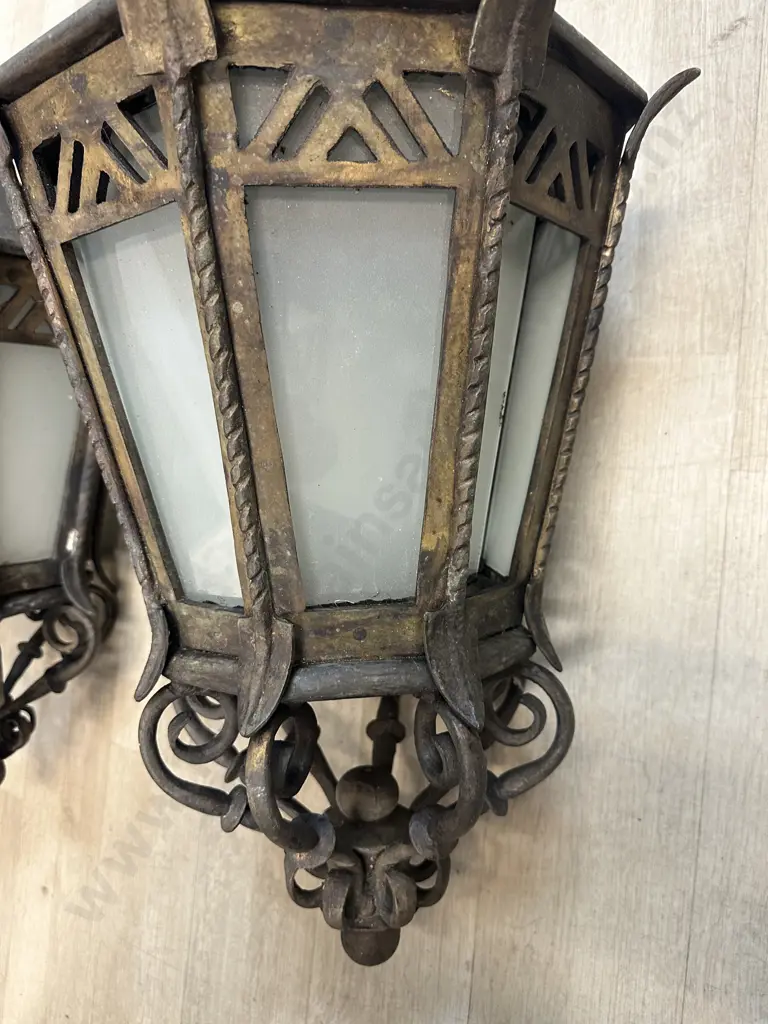 Pair of French Antique Heavy Bronze Exterior Wall Lights With Frosted Glass Panels c1890. H114cm. Image 1++