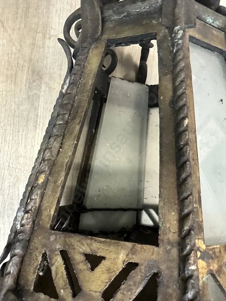 Pair of French Antique Heavy Bronze Exterior Wall Lights With Frosted Glass Panels c1890. H114cm. Image 1++