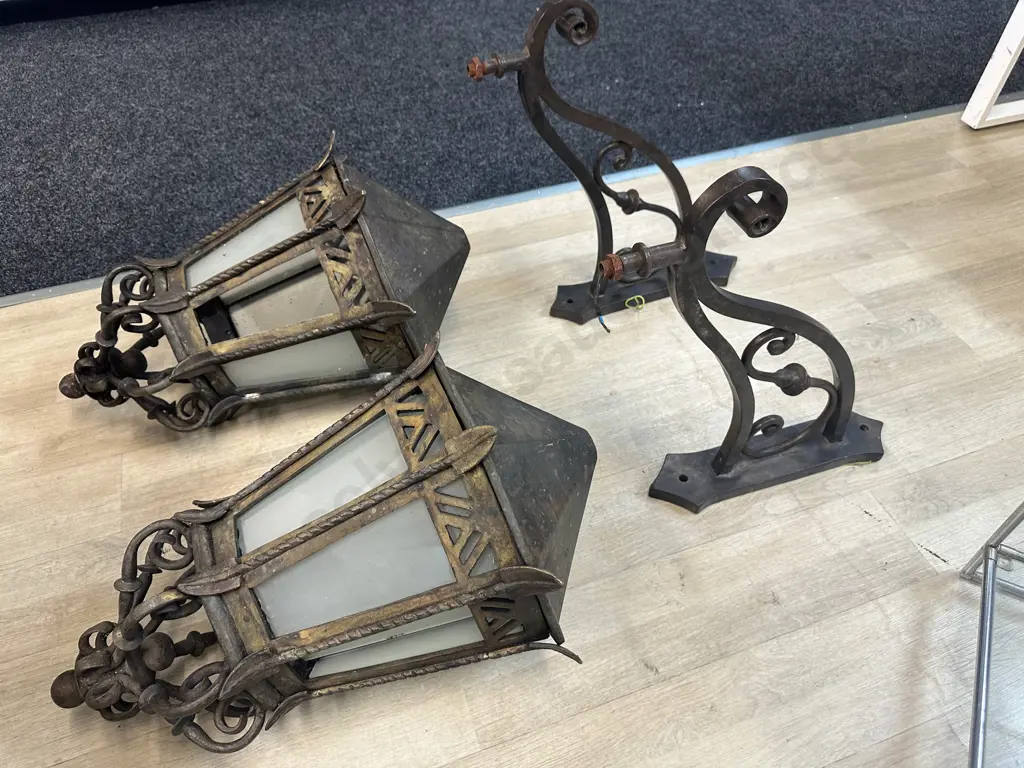 Pair of French Antique Heavy Bronze Exterior Wall Lights With Frosted Glass Panels c1890. H114cm. Image 1++