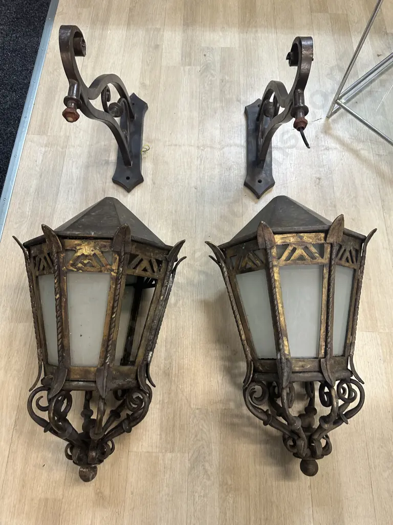 Pair of French Antique Heavy Bronze Exterior Wall Lights With Frosted Glass Panels c1890. H114cm. Image 1++