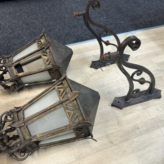Pair of French Antique Heavy Bronze Exterior Wall Lights With Frosted Glass Panels c1890. H114cm.