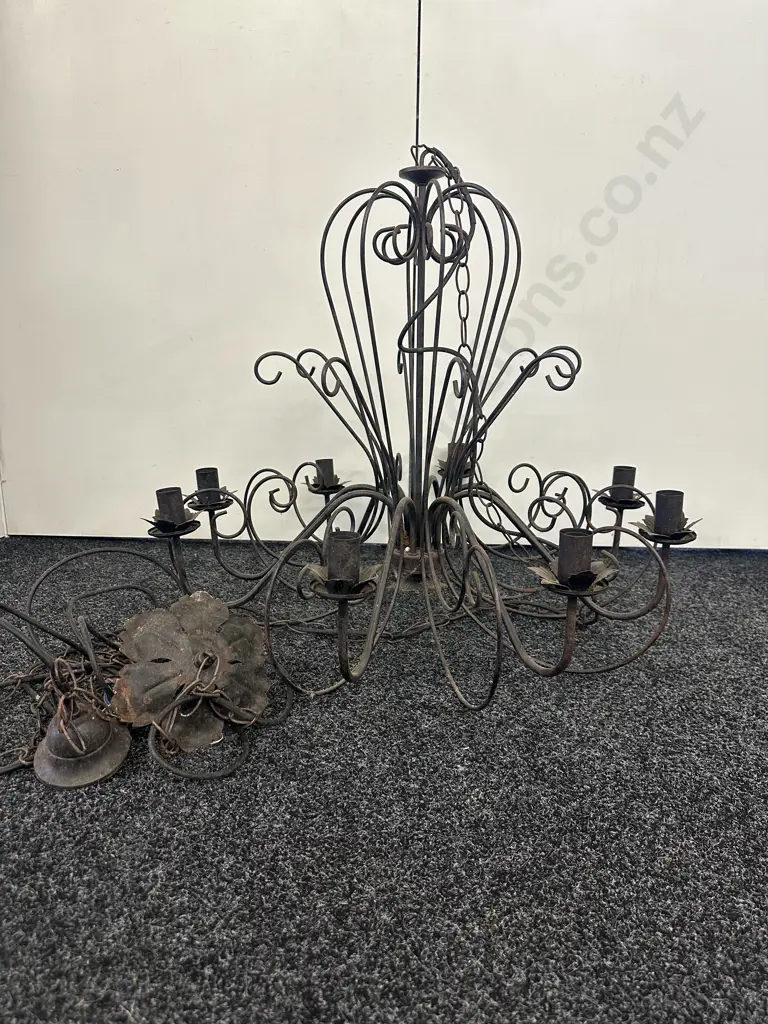 Vintage Ornate Metal Round Chandelier 8 Bulb Leaf Detail Image 1++