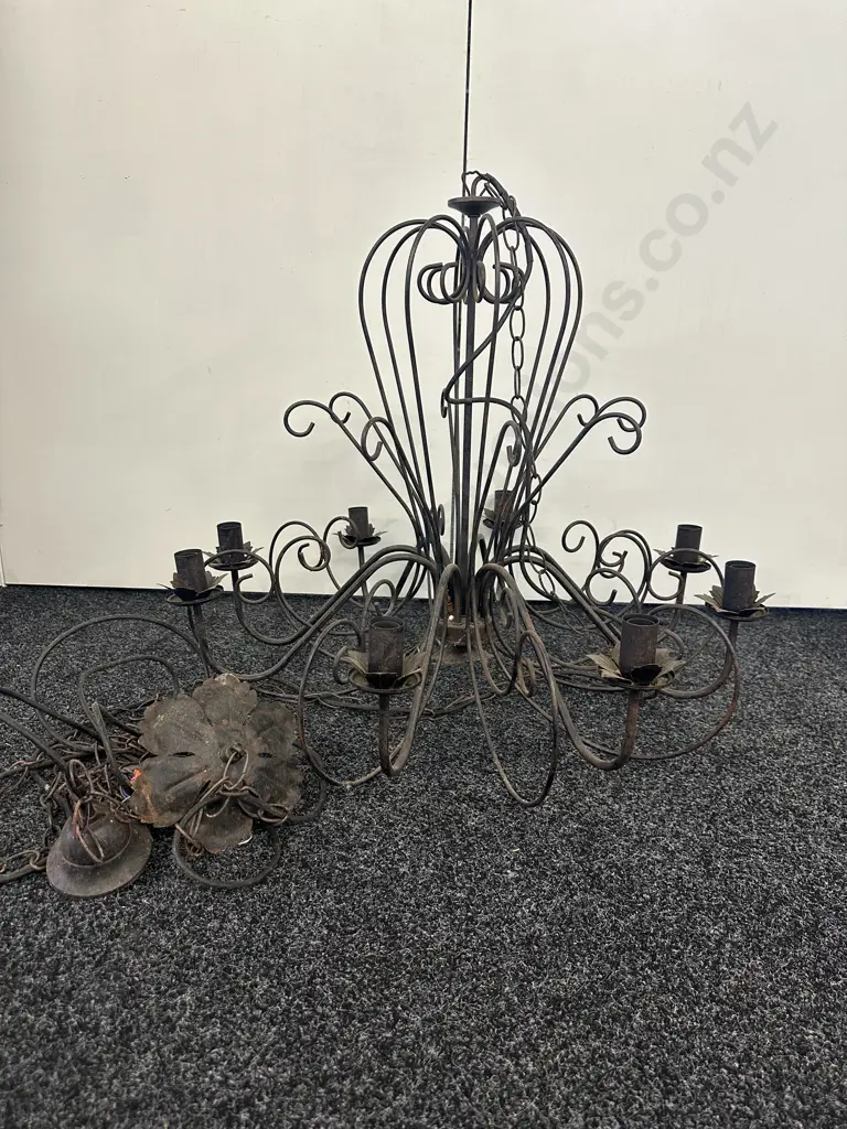 Vintage Ornate Metal Round Chandelier 8 Bulb Leaf Detail Image 1++