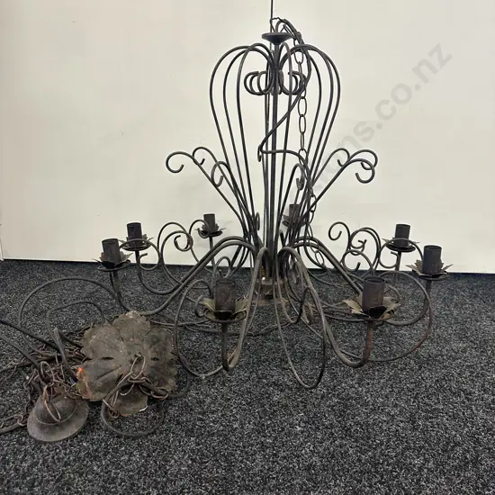 Vintage Ornate Metal Round Chandelier 8 Bulb Leaf Detail