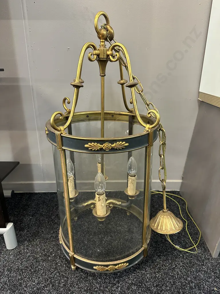 Stunning Antique Heavy Ornate Brass & Glass Lantern, Four Lights. 80 x 36cm (1 Foot Missing ) Image 1++