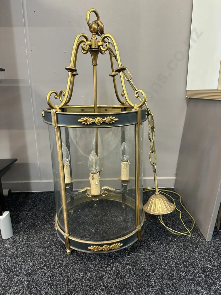 Stunning Antique Heavy Ornate Brass & Glass Lantern, Four Lights. 80 x 36cm (1 Foot Missing ) Image 1++