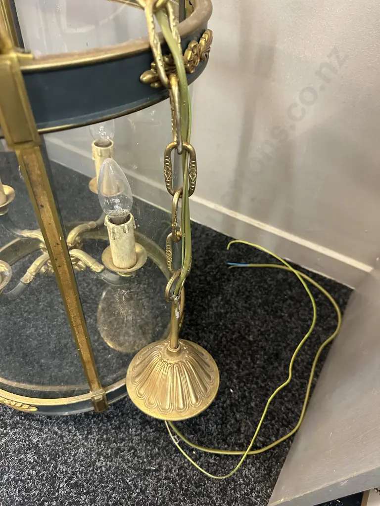 Stunning Antique Heavy Ornate Brass & Glass Lantern, Four Lights. 80 x 36cm (1 Foot Missing ) Image 1++