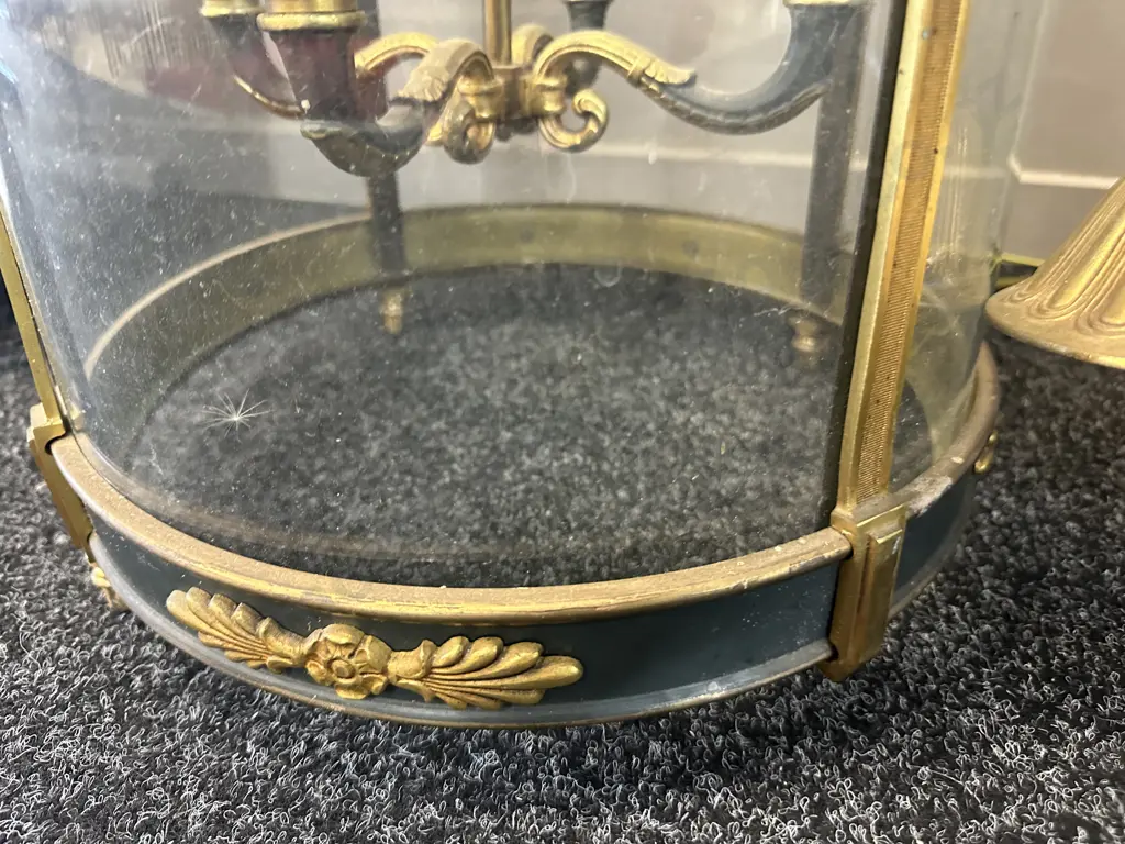 Stunning Antique Heavy Ornate Brass & Glass Lantern, Four Lights. 80 x 36cm (1 Foot Missing ) Image 1++