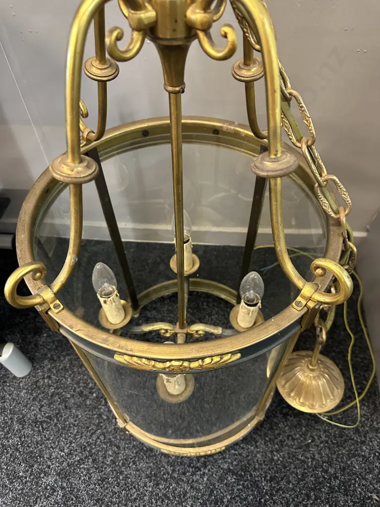Stunning Antique Heavy Ornate Brass & Glass Lantern, Four Lights. 80 x 36cm (1 Foot Missing ) Image 1++