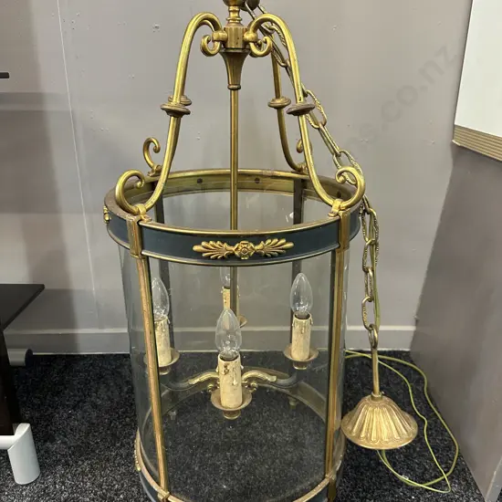 Stunning Antique Heavy Ornate Brass & Glass Lantern, Four Lights. 80 x 36cm (1 Foot Missing )