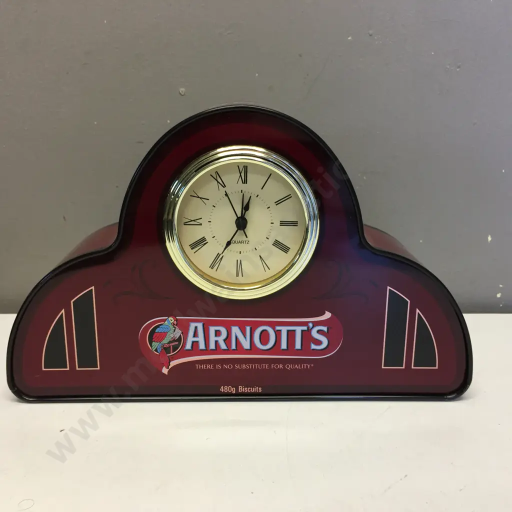 Arnott's Collectible Commemorative Mantle Tin Clock, 480 g - c 2007 Colourful Macaw Parrot Logo. 19 x 29cm Image 1++