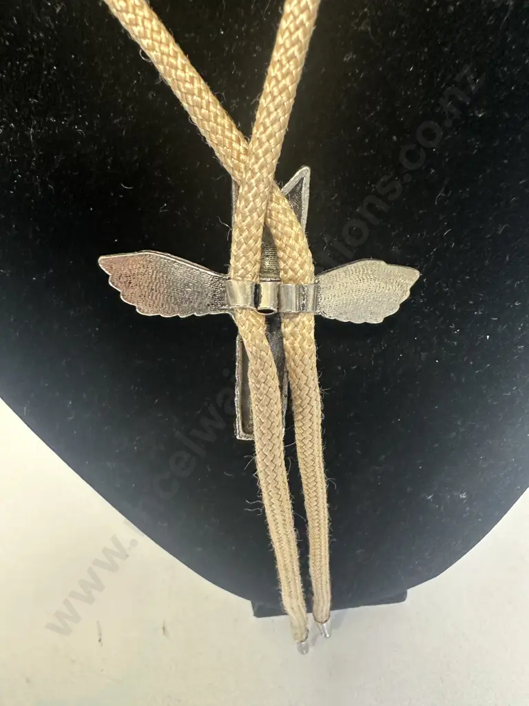 Vintage Metallic Thunderbird Totem Style Bolo Tie - Turquoise Colour Accents on Braided Cord & Matching Silver End Caps Image 1++