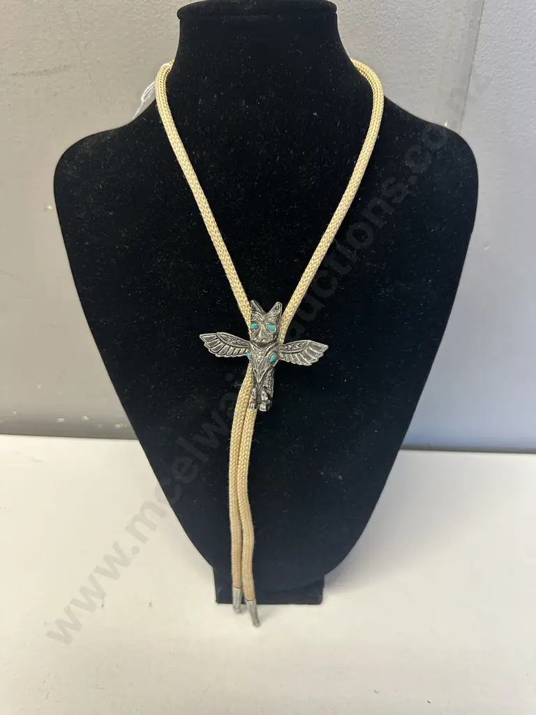 Vintage Metallic Thunderbird Totem Style Bolo Tie - Turquoise Colour Accents on Braided Cord & Matching Silver End Caps Image 1++