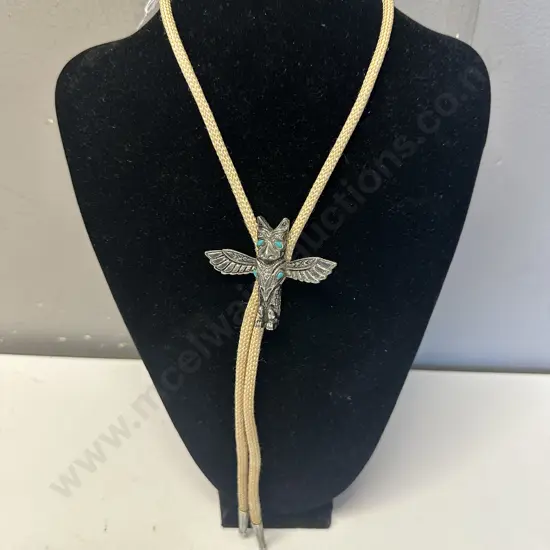 Vintage Metallic Thunderbird Totem Style Bolo Tie - Turquoise Colour Accents on Braided Cord & Matching Silver End Caps