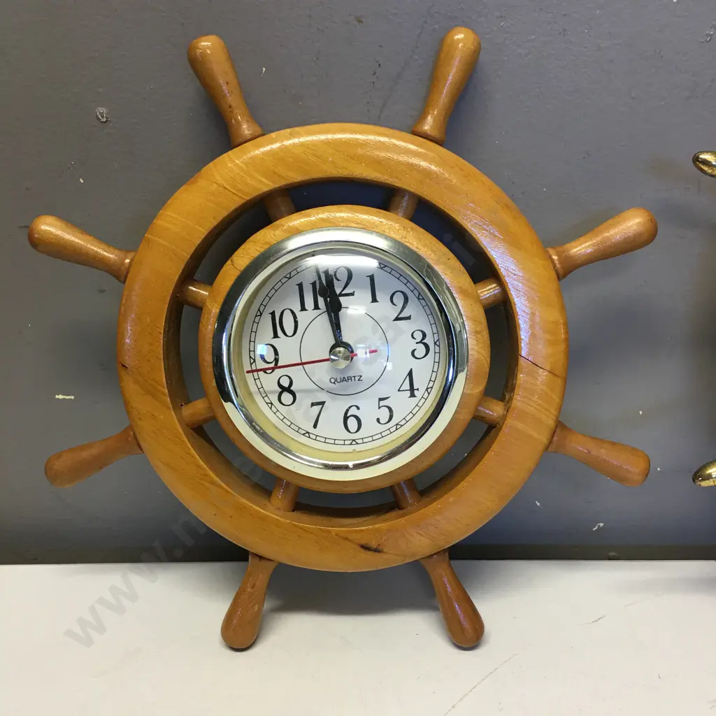 Quartz Wooden Ships Wheel Clock / Barometer & Wooden Ships Wheel Clock Image 1++