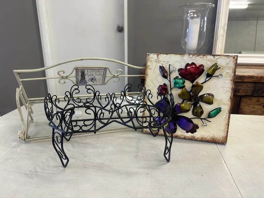Cream Metal Wall Hung Shelf, Black Pot Plant Stand And Wall Art Image 1++