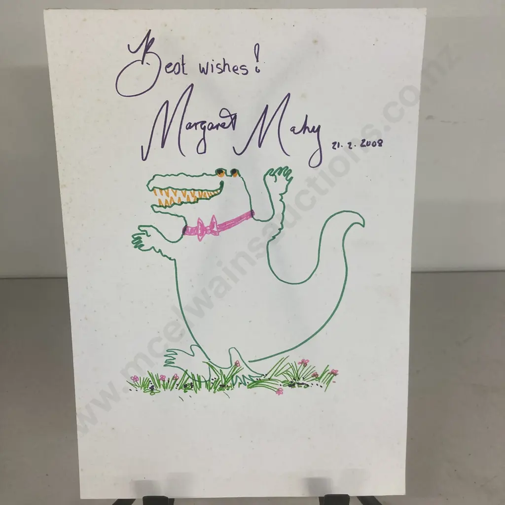Margaret Mahy Signed Autographed 12 x 8" Crocodile Drawing & The Shirley Poppy Fairy Card Image 1++