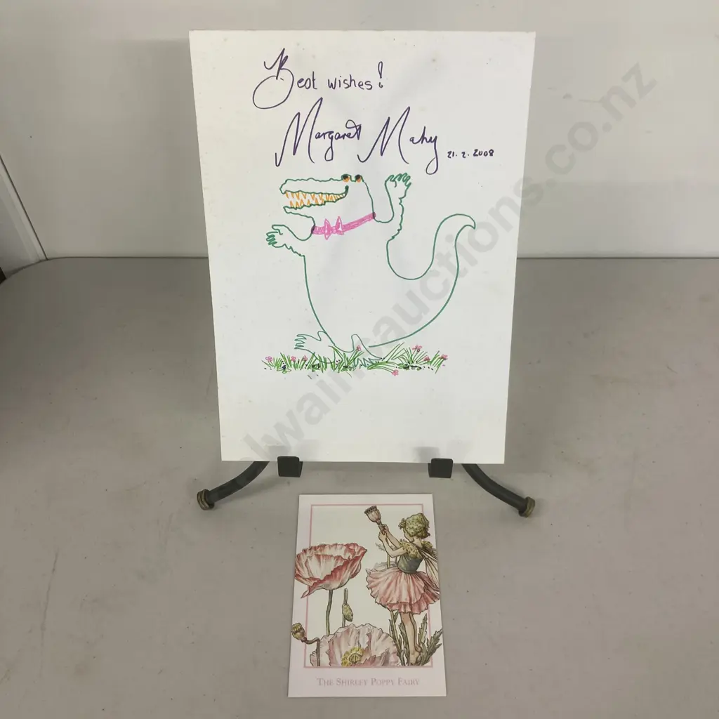 Margaret Mahy Signed Autographed 12 x 8" Crocodile Drawing & The Shirley Poppy Fairy Card Image 1++