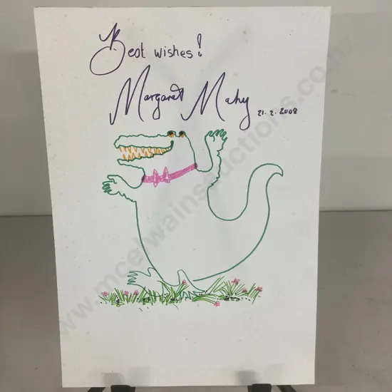 Margaret Mahy Signed Autographed 12 x 8" Crocodile Drawing & The Shirley Poppy Fairy Card