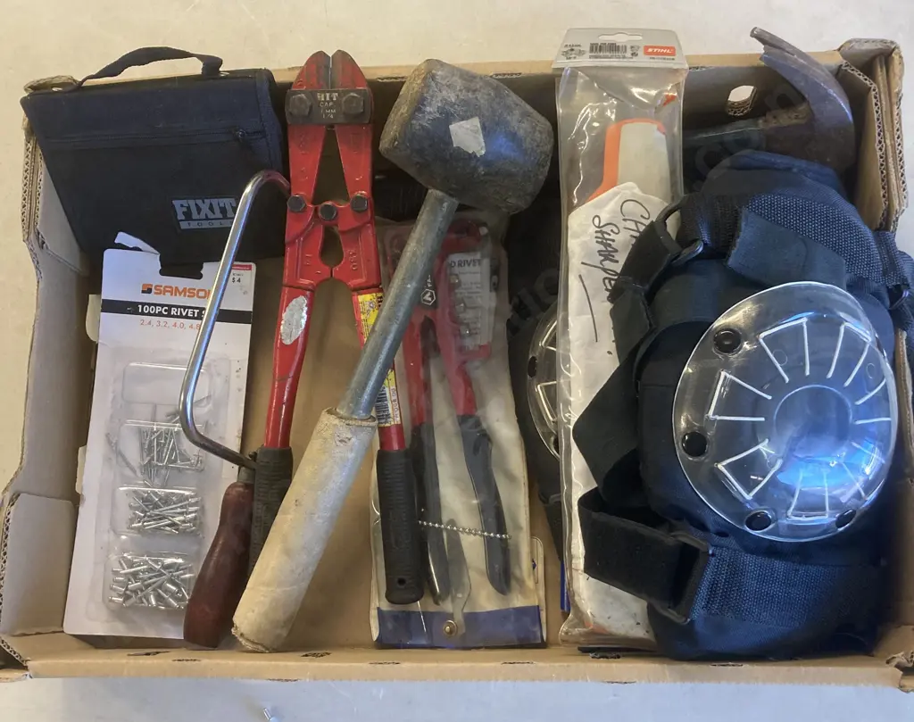 Box lot Tools, Chainsaw Sharpener, Pot Riveter, Bolt Cutters, Mallet, Tool Kit, Apron Etc Image 1++
