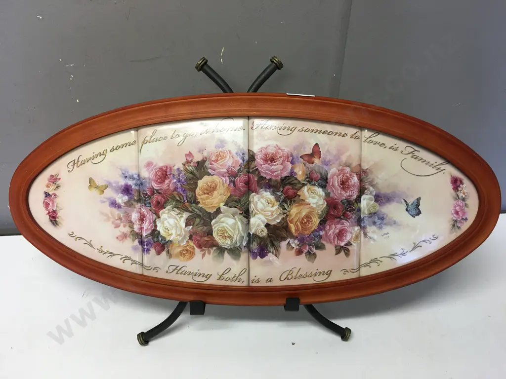 Blessings Of Love by Lena Liu in 4 Ceramic Plates Framed Flowers, Bradfford Exchange. 25 x 56cm Image 1++