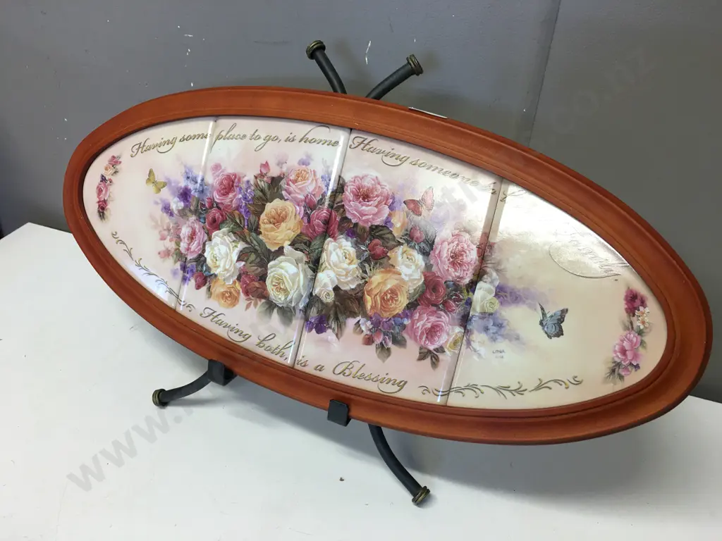 Blessings Of Love by Lena Liu in 4 Ceramic Plates Framed Flowers, Bradfford Exchange. 25 x 56cm Image 1++