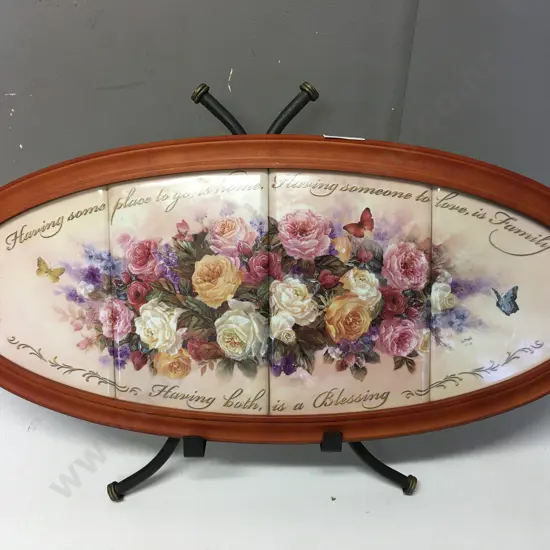 Blessings Of Love by Lena Liu in 4 Ceramic Plates Framed Flowers, Bradfford Exchange. 25 x 56cm