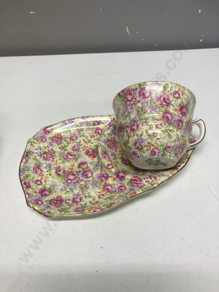 Vintage Royal Winton 'English Rose' Chintz Tennis Cup and Saucer c1950 Image 1++