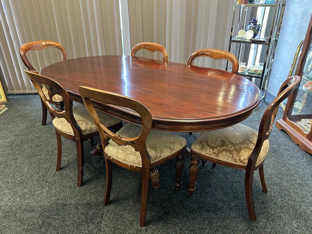 Mahogany Oval Table, Heavily Carved Double Pedestal With 5 Balloon Back Dining Chairs & Carver Image 1++