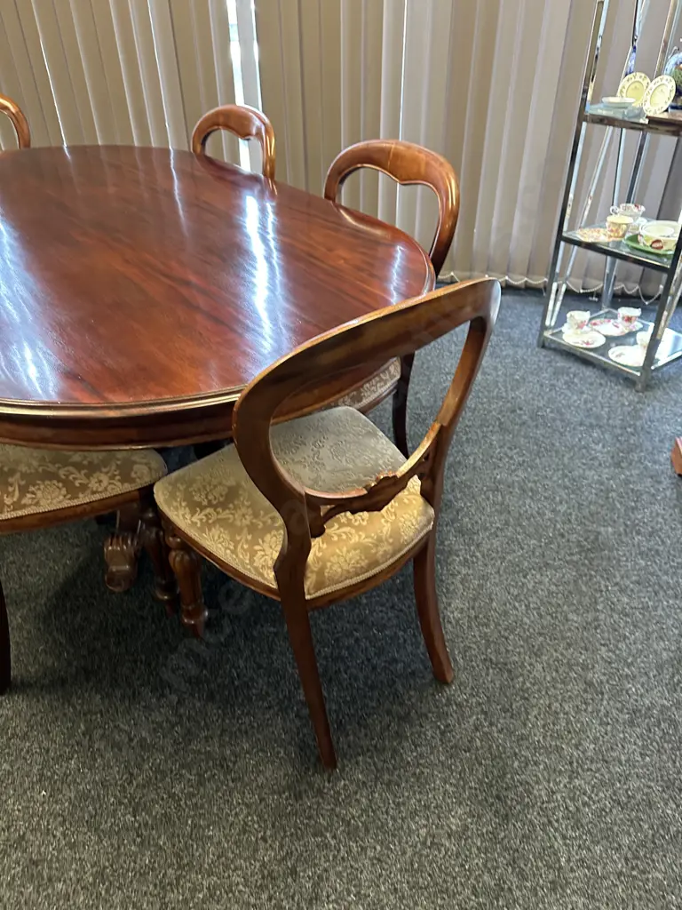 Mahogany Oval Table, Heavily Carved Double Pedestal With 5 Balloon Back Dining Chairs & Carver Image 1++