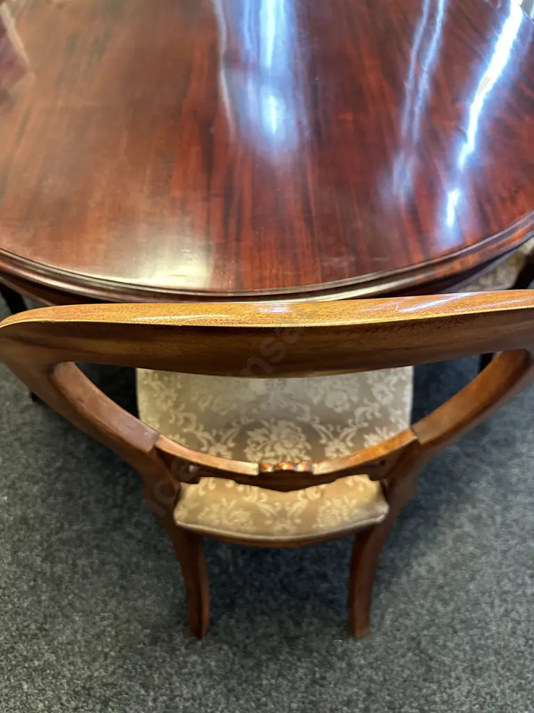 Mahogany Oval Table, Heavily Carved Double Pedestal With 5 Balloon Back Dining Chairs & Carver Image 1++