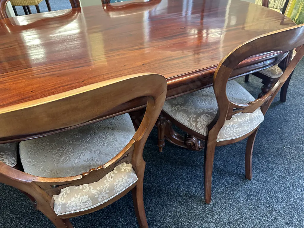 Mahogany Oval Table, Heavily Carved Double Pedestal With 5 Balloon Back Dining Chairs & Carver Image 1++
