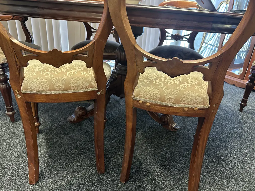 Mahogany Oval Table, Heavily Carved Double Pedestal With 5 Balloon Back Dining Chairs & Carver Image 1++