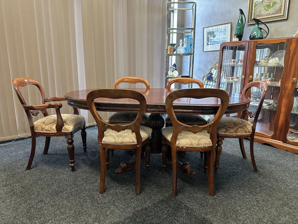 Mahogany Oval Table, Heavily Carved Double Pedestal With 5 Balloon Back Dining Chairs & Carver Image 1++