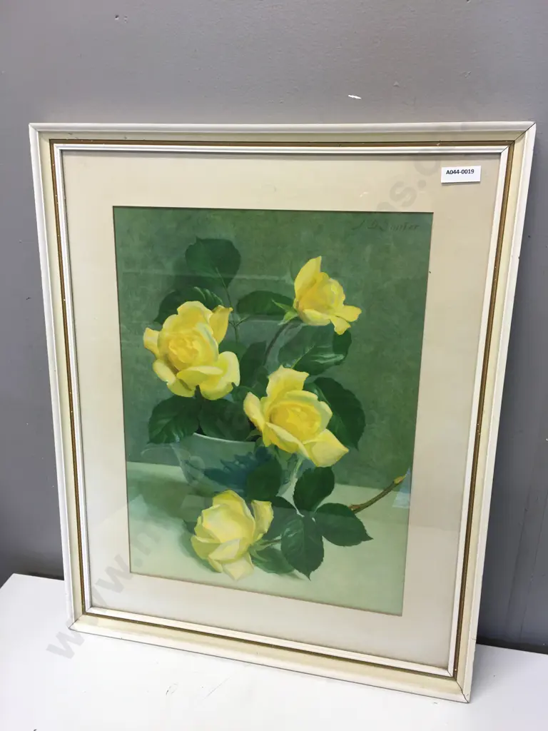 Vintage JB Souter Yellow Roses Print In Cream Frame. 54 x 44cm Image 1++