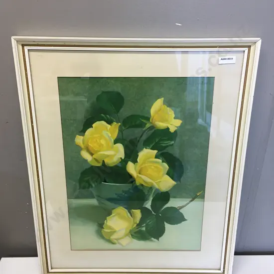 Vintage JB Souter Yellow Roses Print In Cream Frame. 54 x 44cm