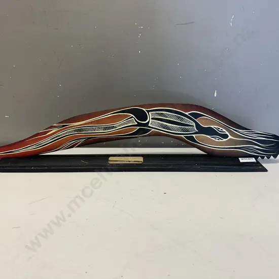 'Native Bushman' Aboriginal Art Large Hunting Boomerang With Stand - Lizard Detail. L66cm